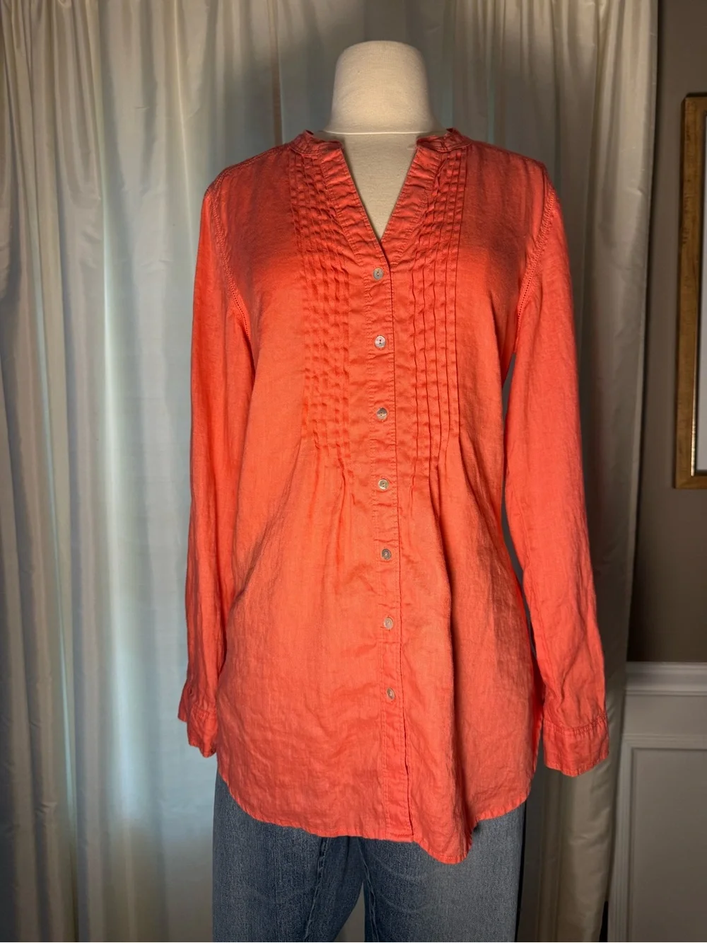 Malvin Linen Women's Coral Button-Front Pintuck Blouse- Size M/8